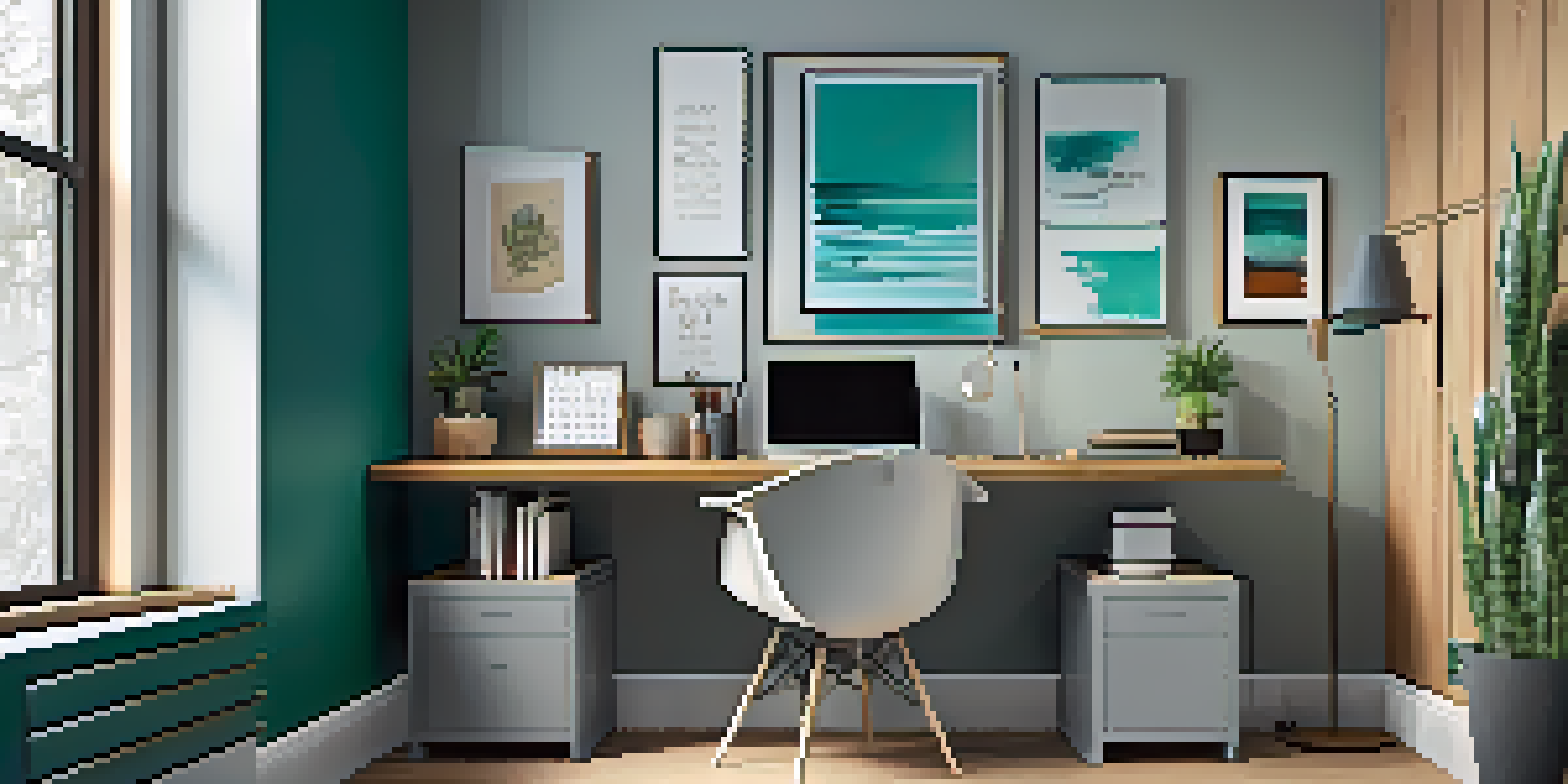 A home office with gray walls, wooden furniture, and a teal accent wall, illuminated by natural light.