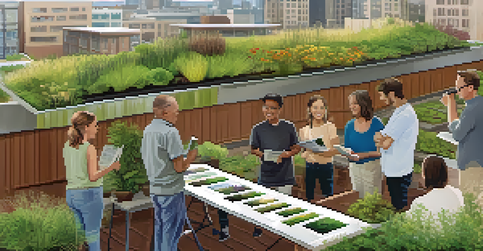 Community members attending a workshop about green roof installation with samples and brochures on display.