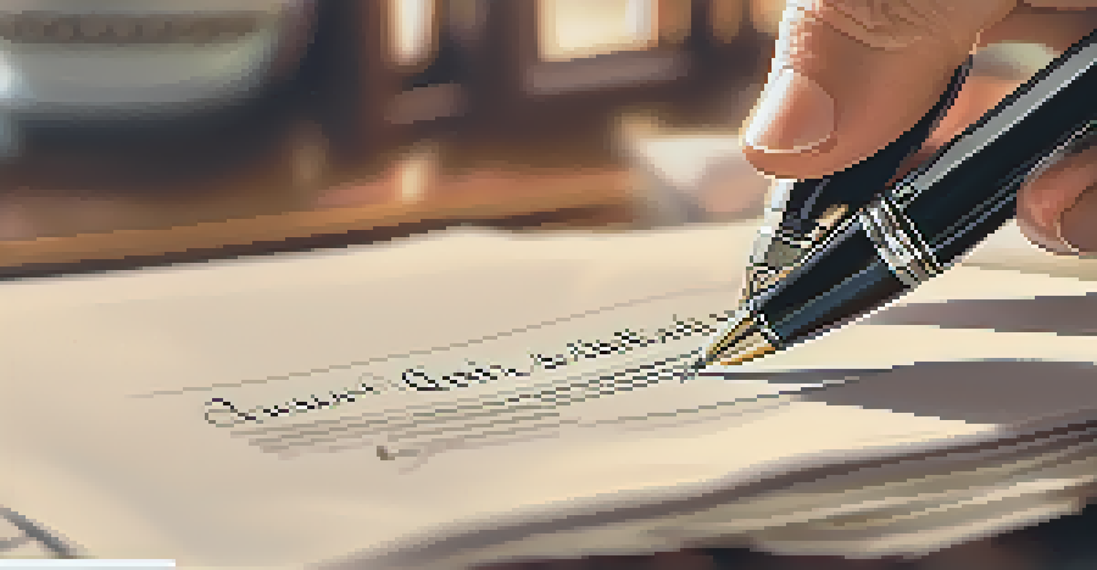 A close-up of a hand signing a real estate contract with a fountain pen in a cozy living room.