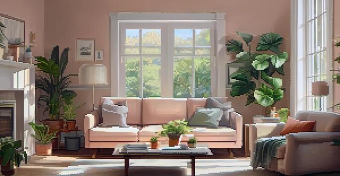 A cozy living room with a modern couch, coffee table, and natural light from a large window.