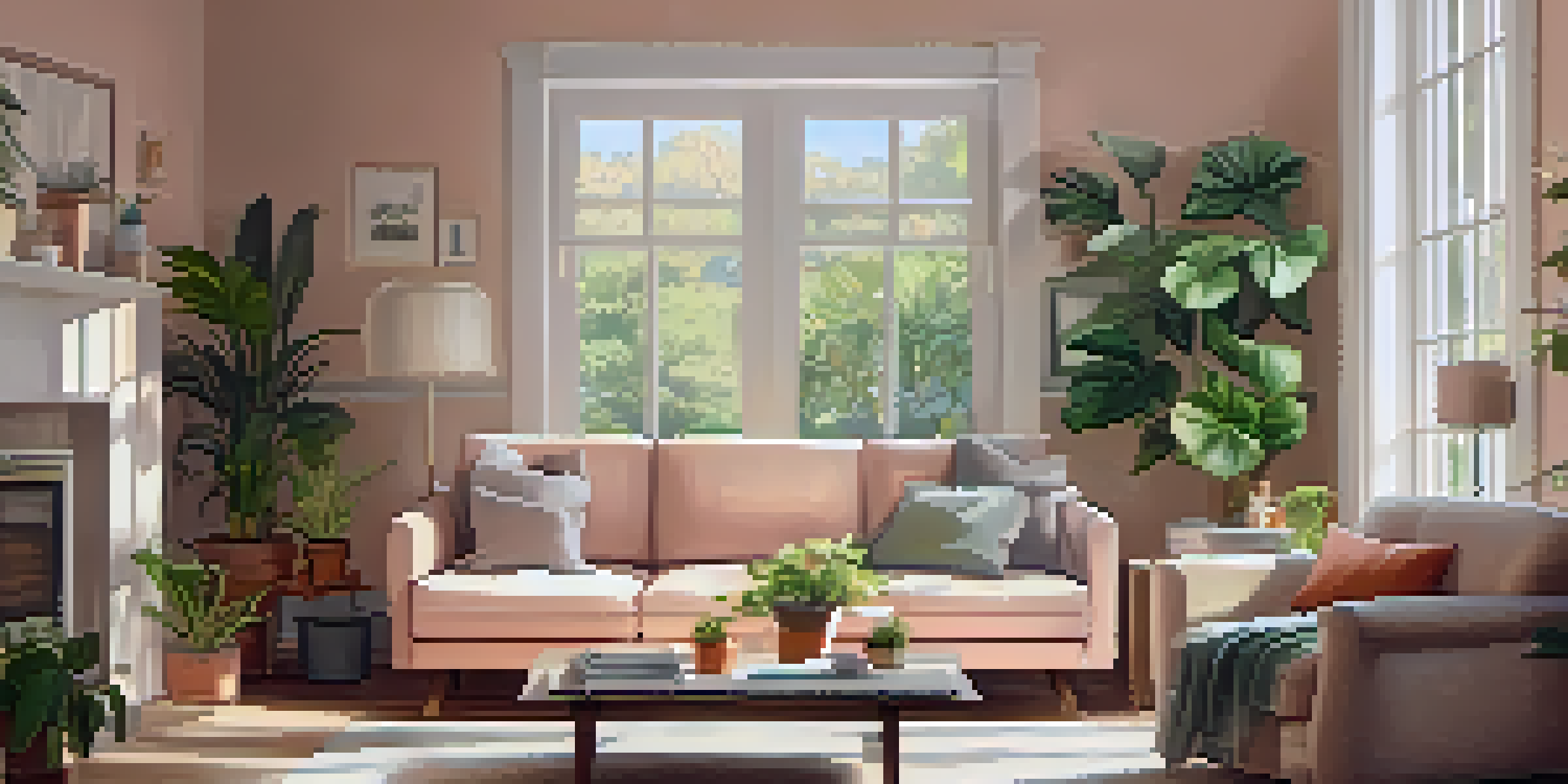 A cozy living room with a modern couch, coffee table, and natural light from a large window.