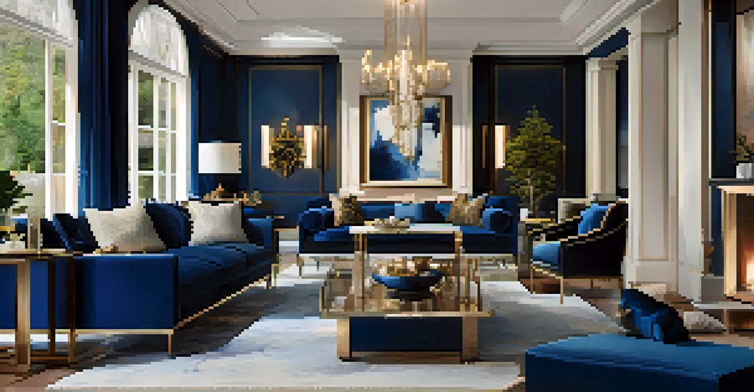 An elegant open floor plan with a sophisticated dining area and stylish living room, featuring warm lighting and rich colors.