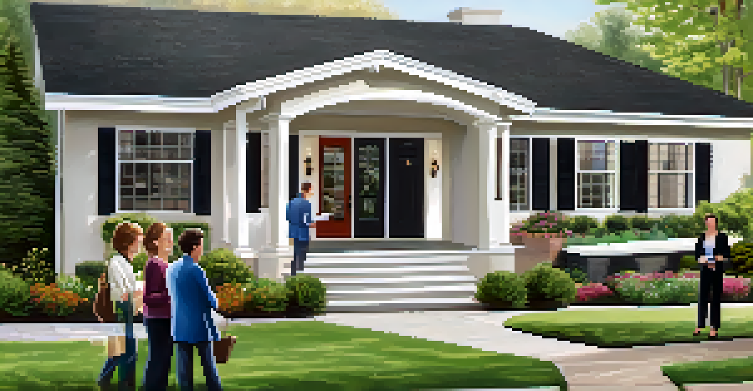 A real estate agent greeting guests at an open house with a welcoming exterior.