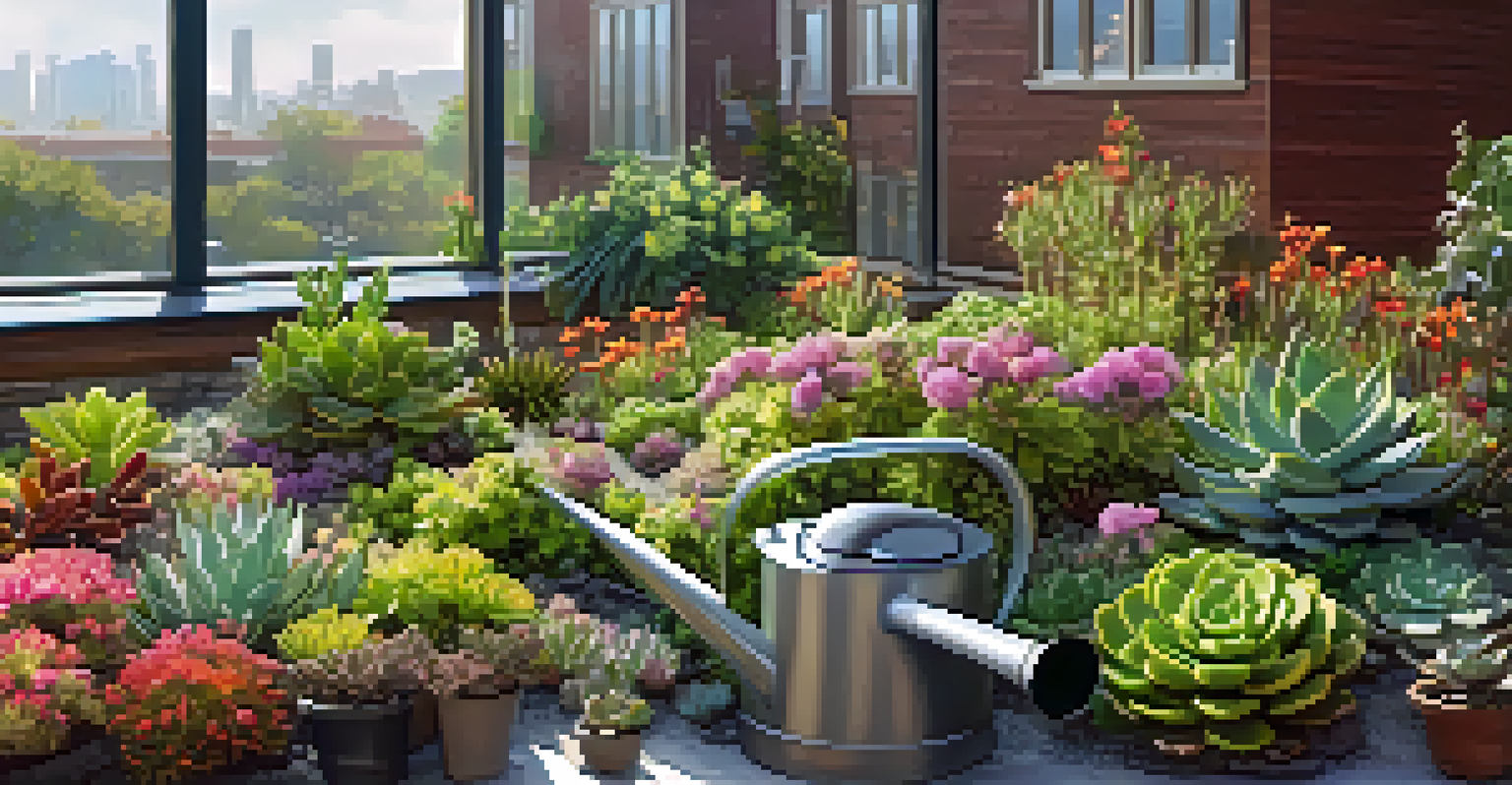 Close-up view of a green roof garden with succulents and flowering plants, showcasing their textures and colors.
