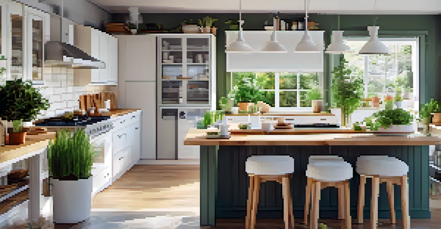 An eco-conscious kitchen with energy-efficient appliances, white cabinets, wooden countertops, and potted herbs on the windowsill.