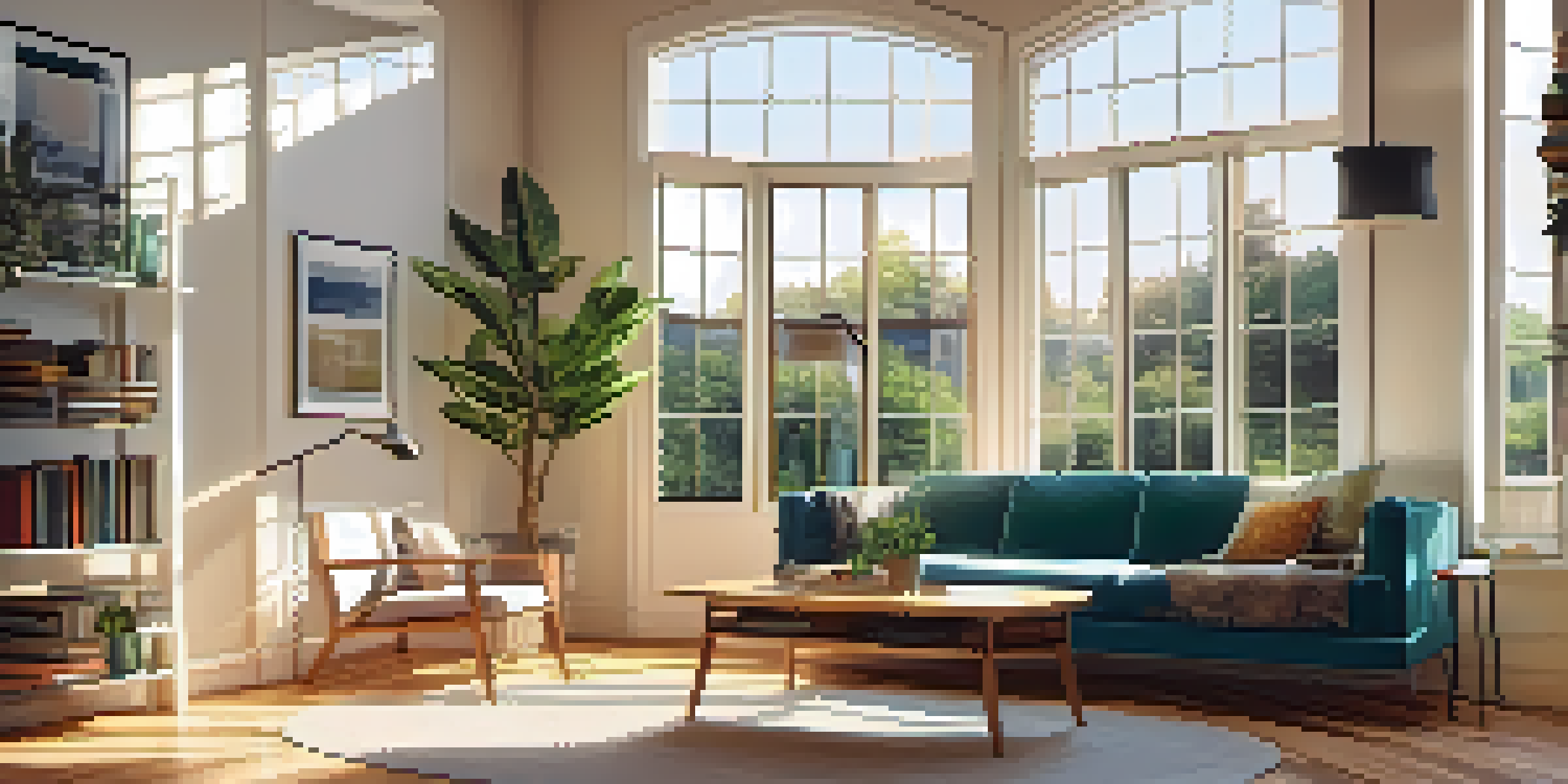 A modern living room with large energy-efficient windows, a cozy sofa, and indoor plants, illuminated by natural sunlight.