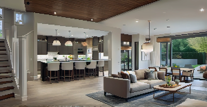 A bright and inviting open concept living space with a cozy seating arrangement, a dining area illuminated by pendant lights, and a stylish kitchen island.