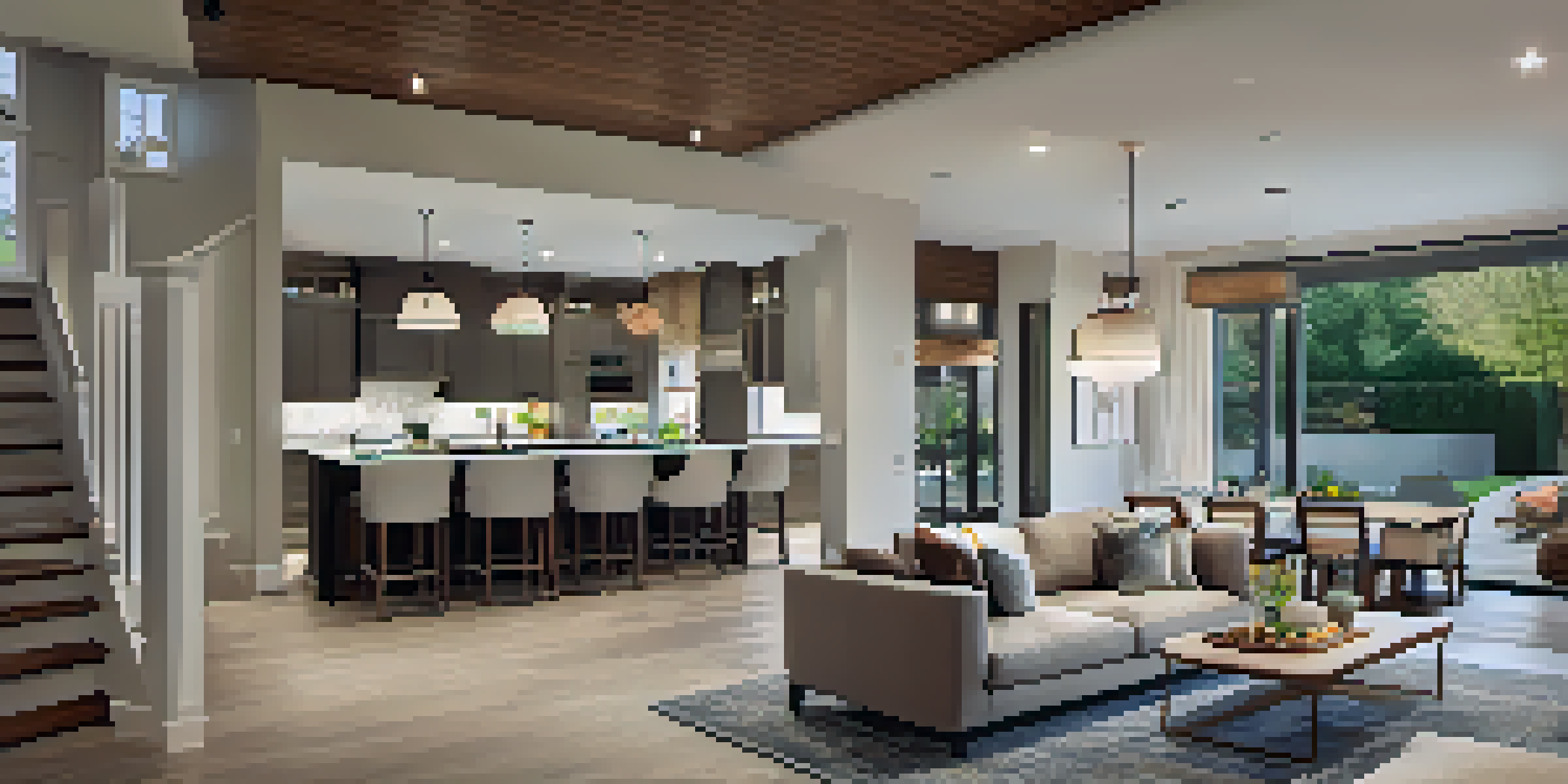 A bright and inviting open concept living space with a cozy seating arrangement, a dining area illuminated by pendant lights, and a stylish kitchen island.