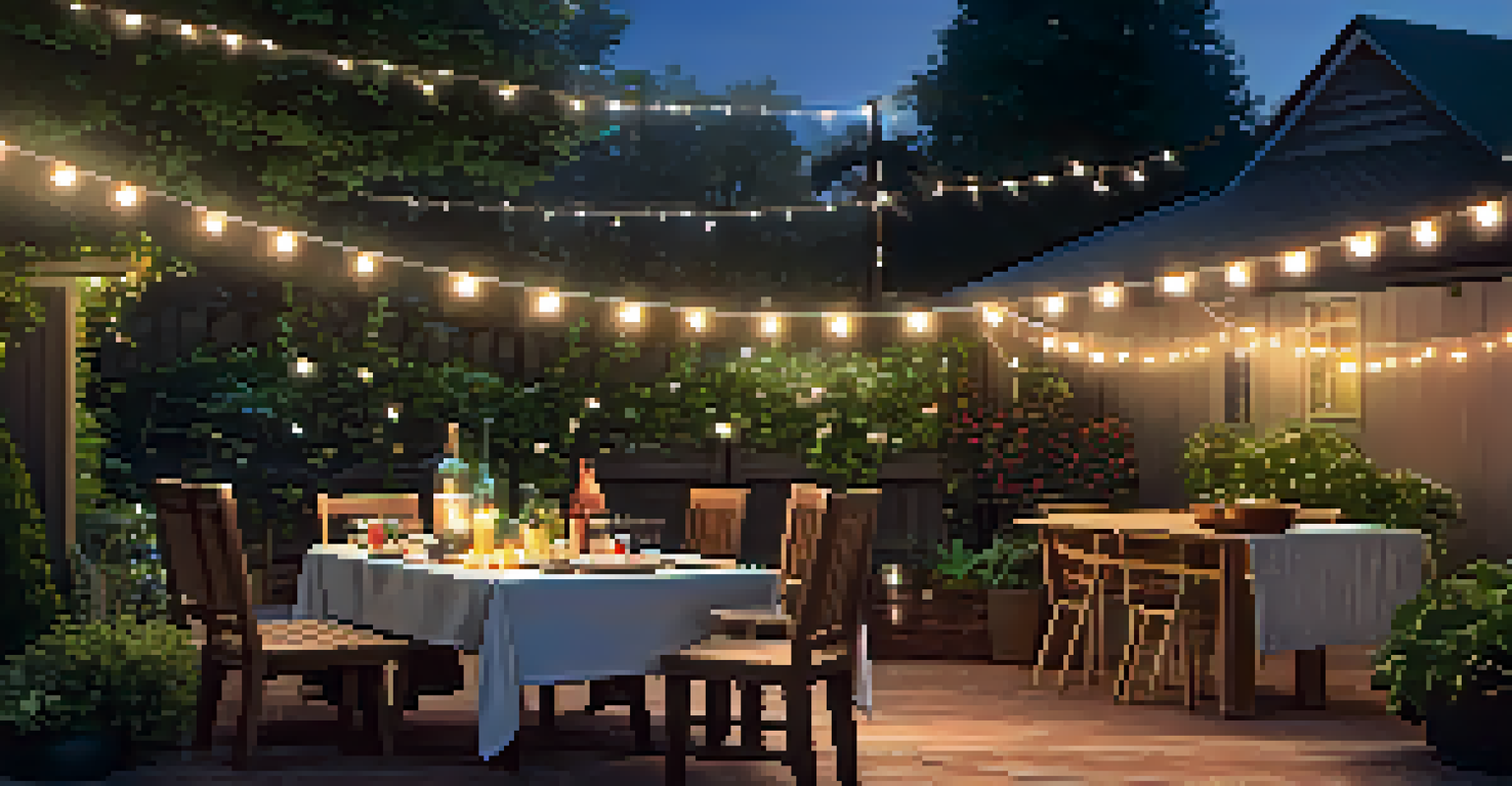 A backyard barbecue setting with solar lights and string lights creating a festive atmosphere, featuring a dinner table and gardens.