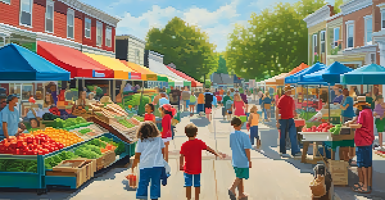 A lively community scene with a farmer's market, families, and parks near an open house.