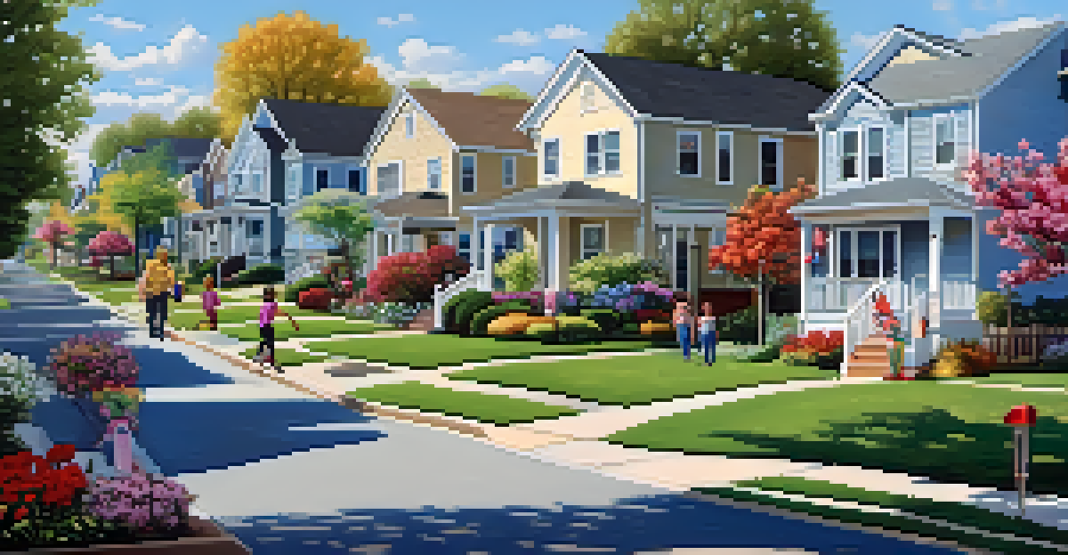 A peaceful suburban neighborhood with homes for rent, families outside, and blooming flowers, showcasing community life.