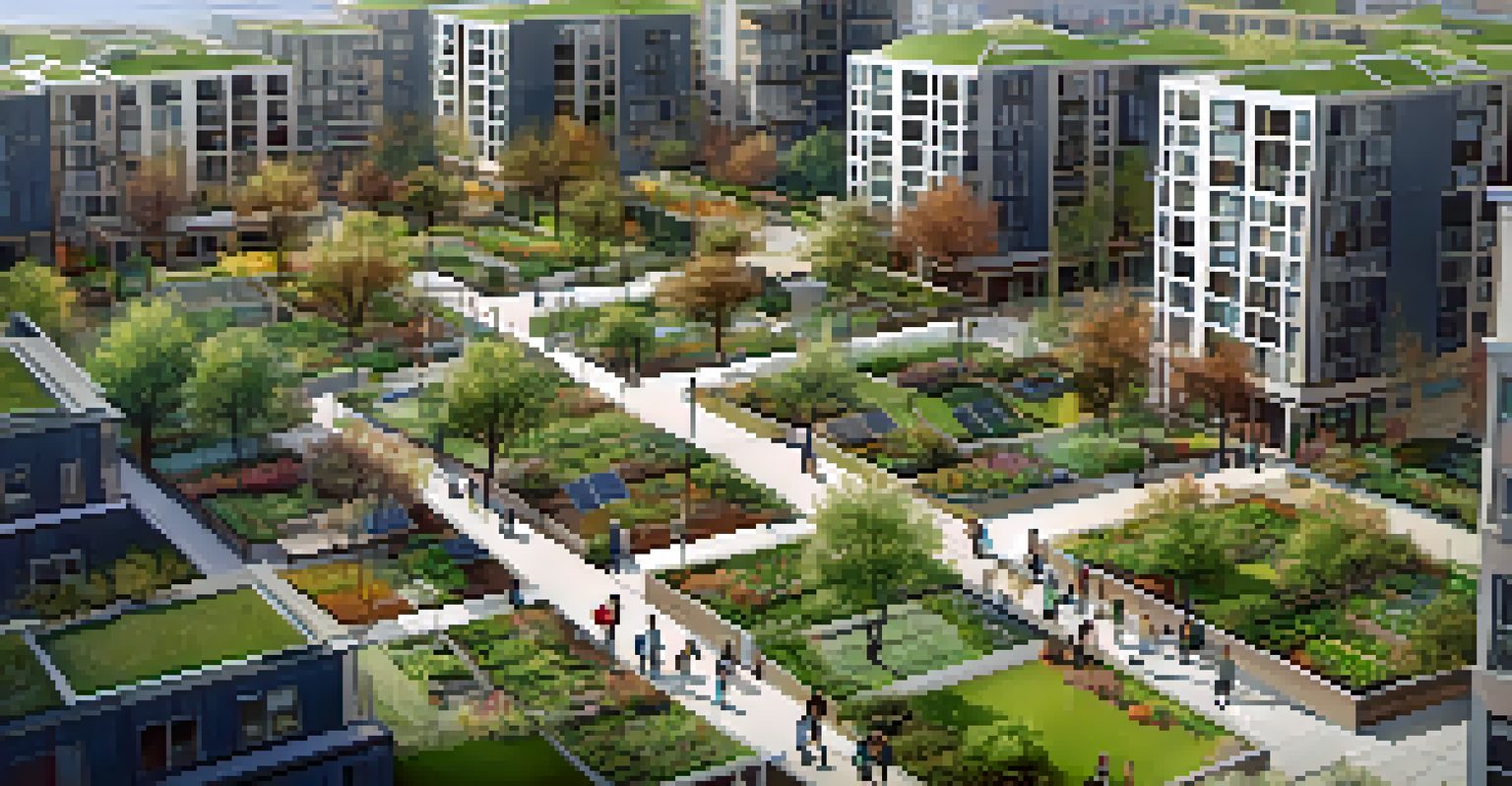 An aerial depiction of a sustainable neighborhood with solar panels, green roofs, and community gardens, showcasing a vibrant community life.