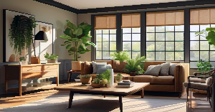 A bright living room with large windows, warm colors, and plants, creating a cozy atmosphere.