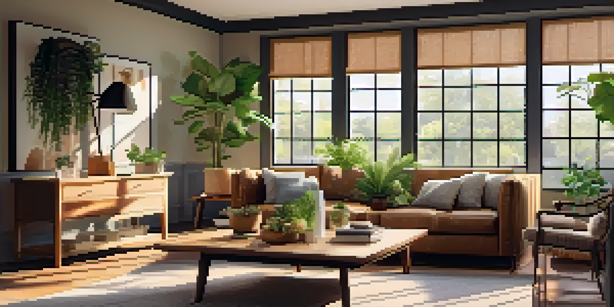 A bright living room with large windows, warm colors, and plants, creating a cozy atmosphere.