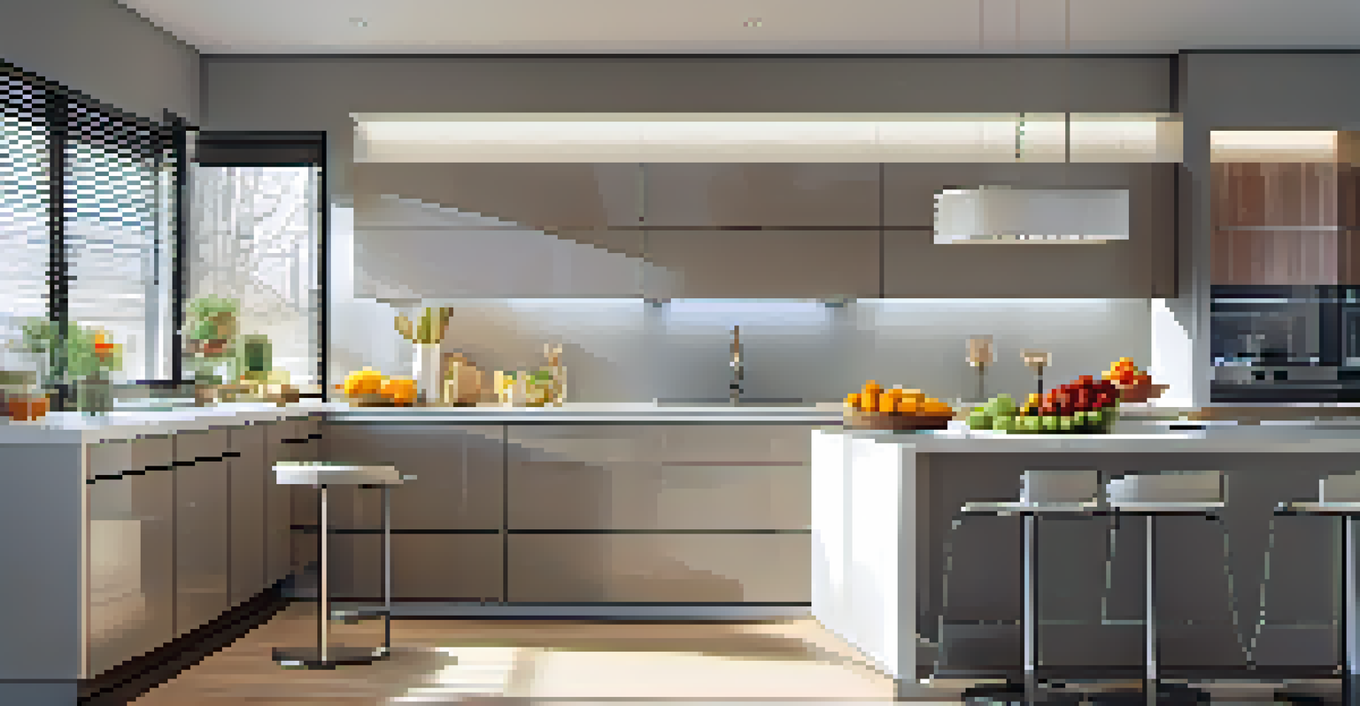 A modern kitchen illuminated by LED lights, featuring shiny cabinets and appliances, with a bowl of fresh fruits on the counter.