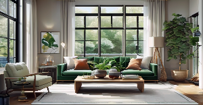 A bright and modern living room featuring large windows, stylish furniture, and decorative elements, creating a warm and inviting atmosphere.