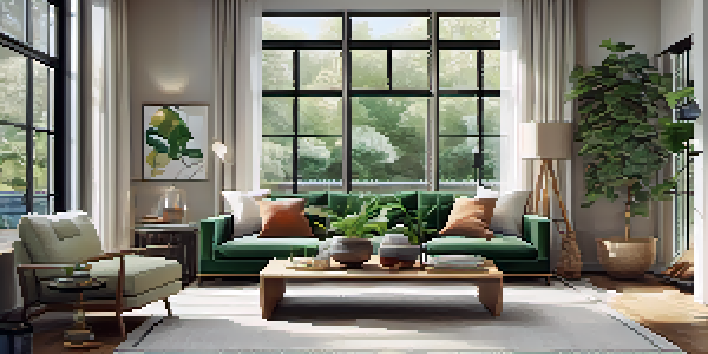 A bright and modern living room featuring large windows, stylish furniture, and decorative elements, creating a warm and inviting atmosphere.