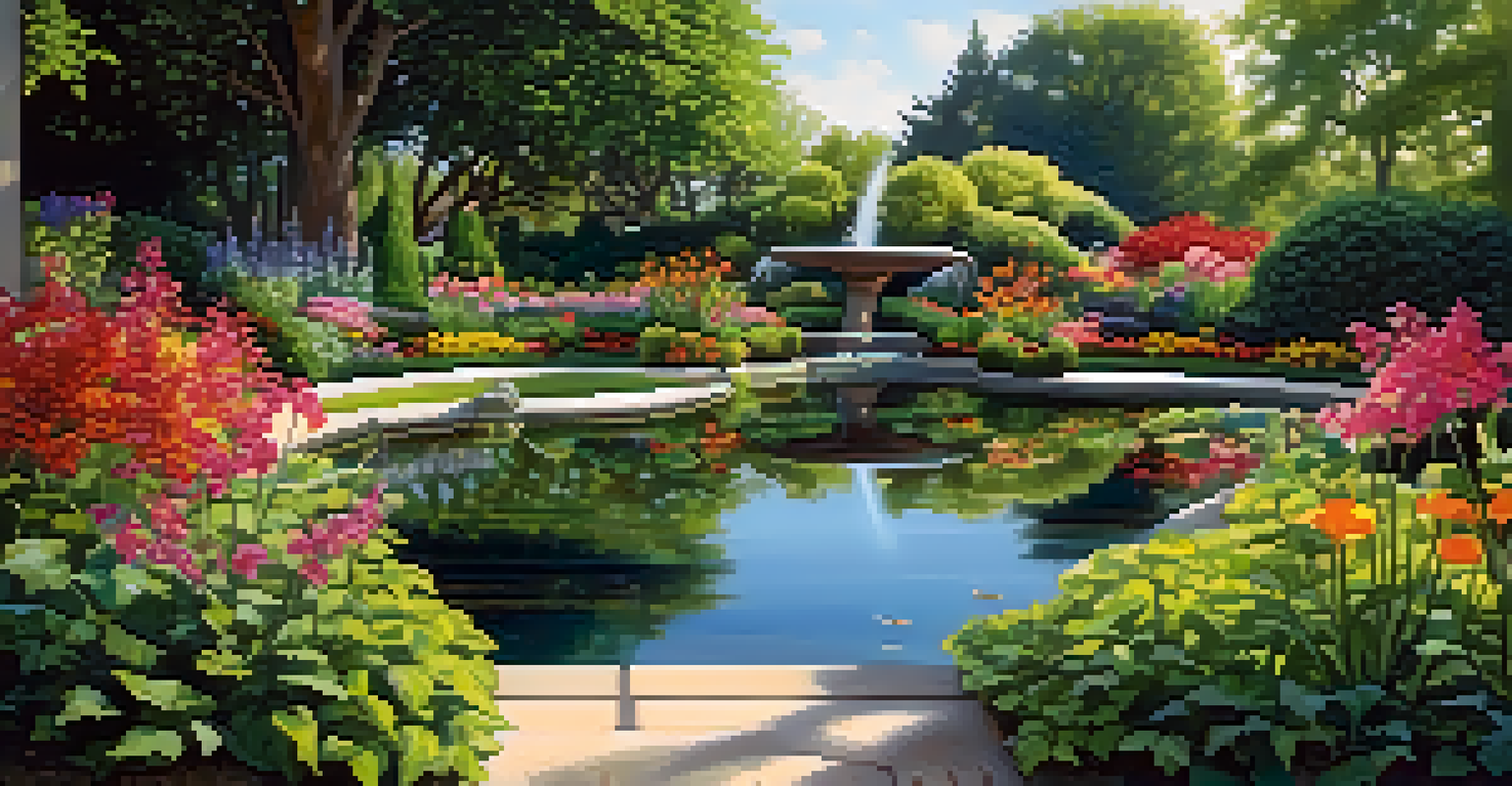 A tranquil garden with flowing pathways, vibrant flowers, and a pond, bathed in dappled sunlight, creating a serene connection to nature.