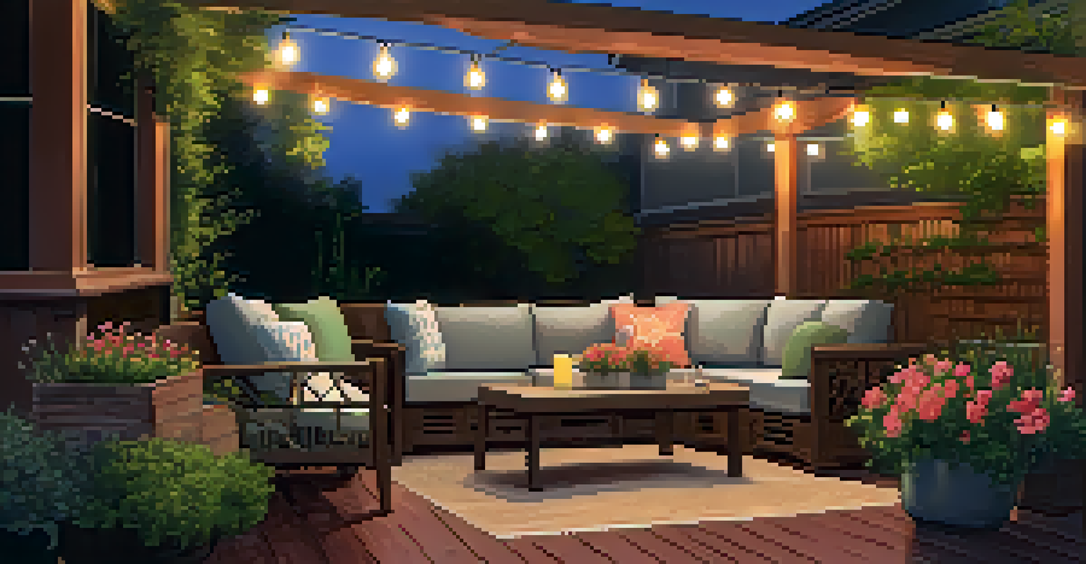 An outdoor patio with cozy seating and blooming flowers, illuminated by string lights for a relaxing atmosphere.