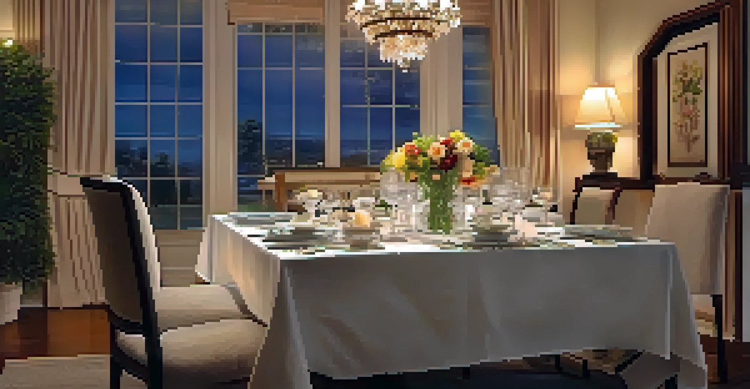 An elegantly set dining table with fine china and a centerpiece of fresh flowers, illuminated by candlelight.