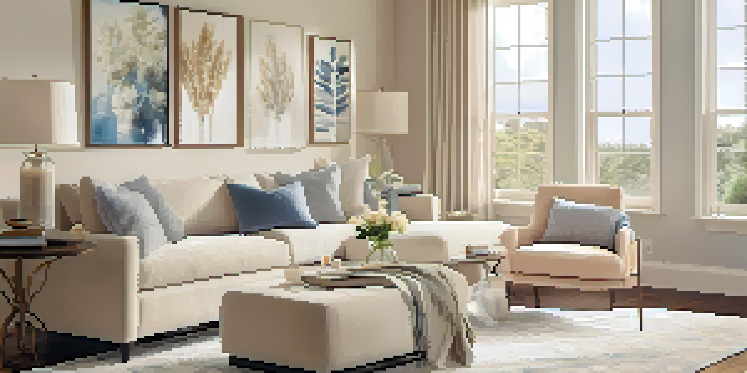 A warm and inviting living room designed for first-time homebuyers, with soft colors and cozy furnishings.