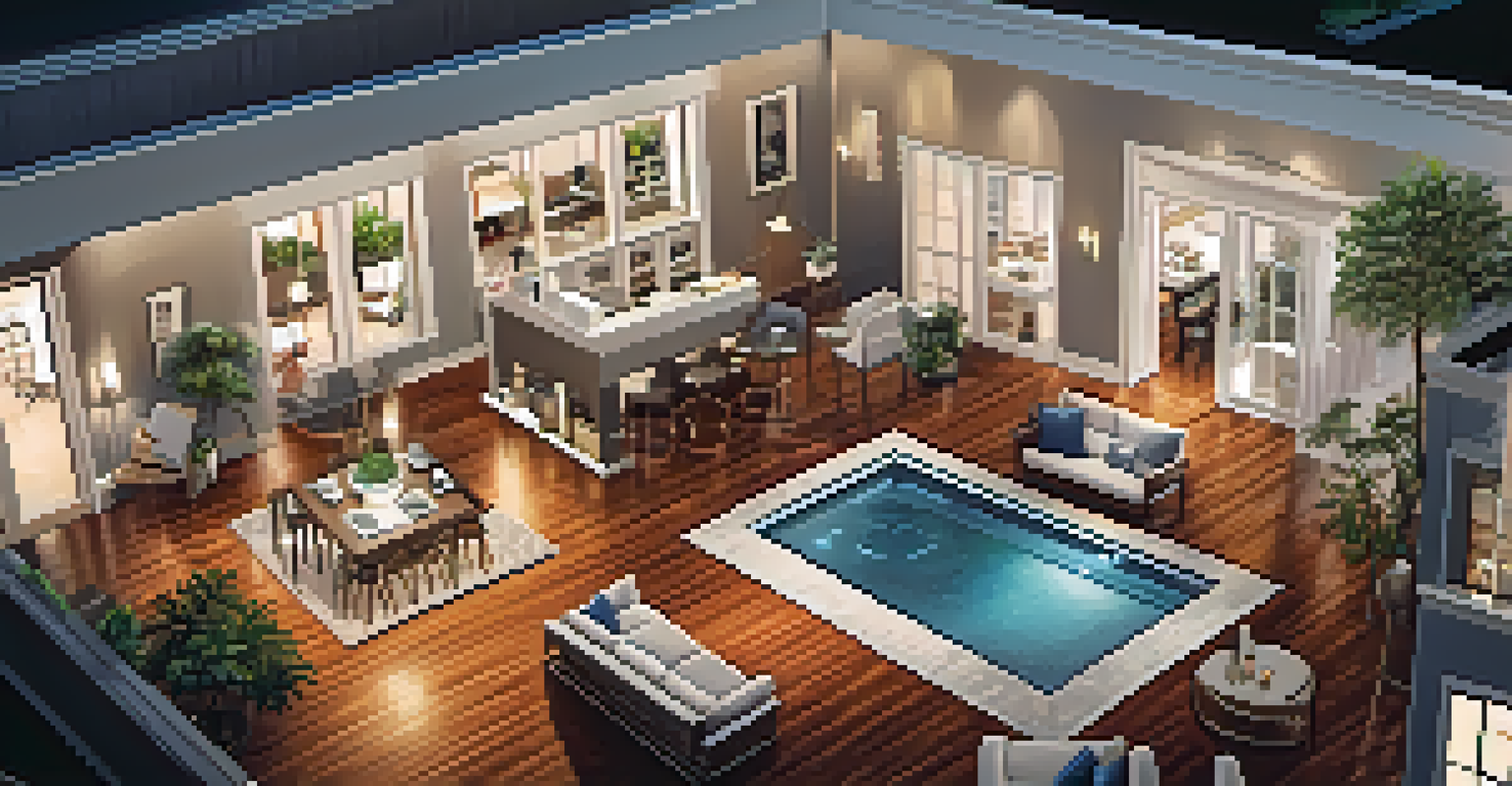 An overhead view of a busy real estate open house with potential buyers and agents interacting.