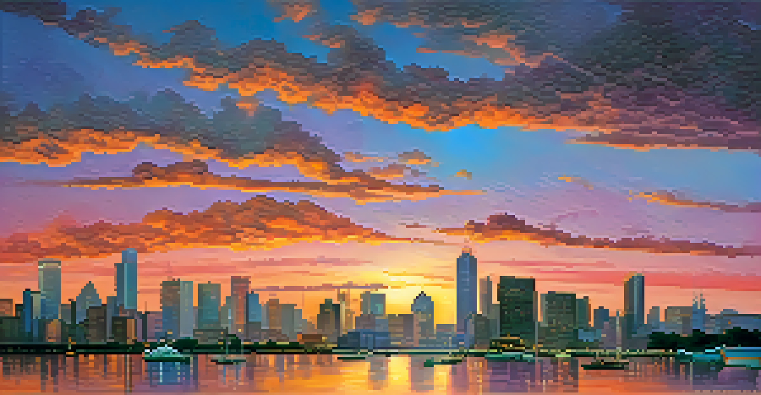 Aerial view of a city skyline at sunset with vibrant colors and a river reflecting the skyline.