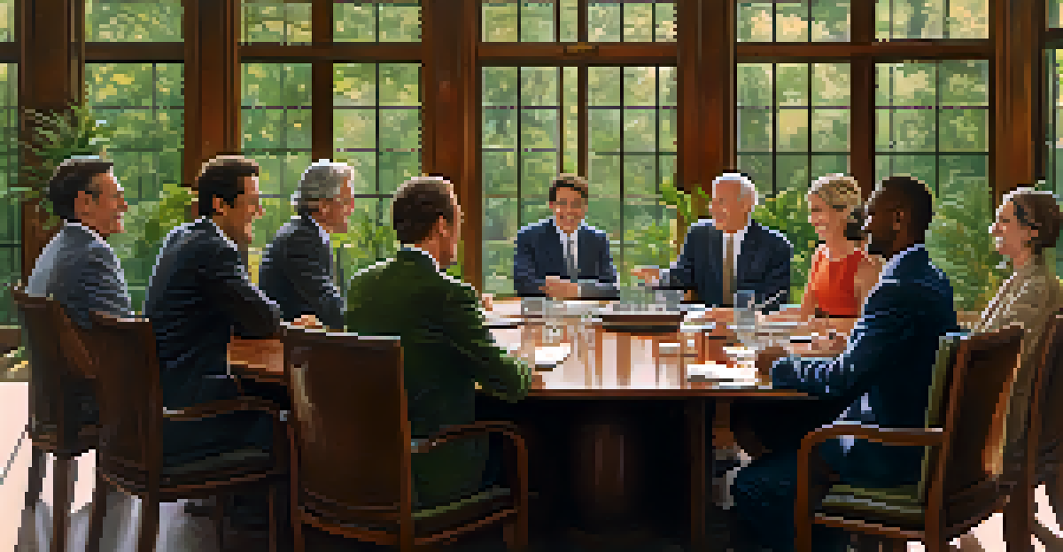 A group of diverse people at a negotiation table, smiling and demonstrating open body language in a bright room.