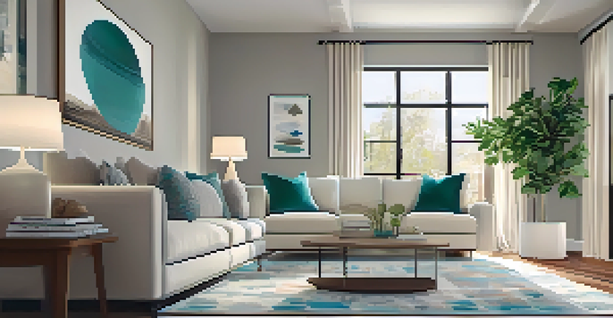 A cozy living room with a sofa, coffee table, and large windows, filled with natural light and decorated in warm colors.