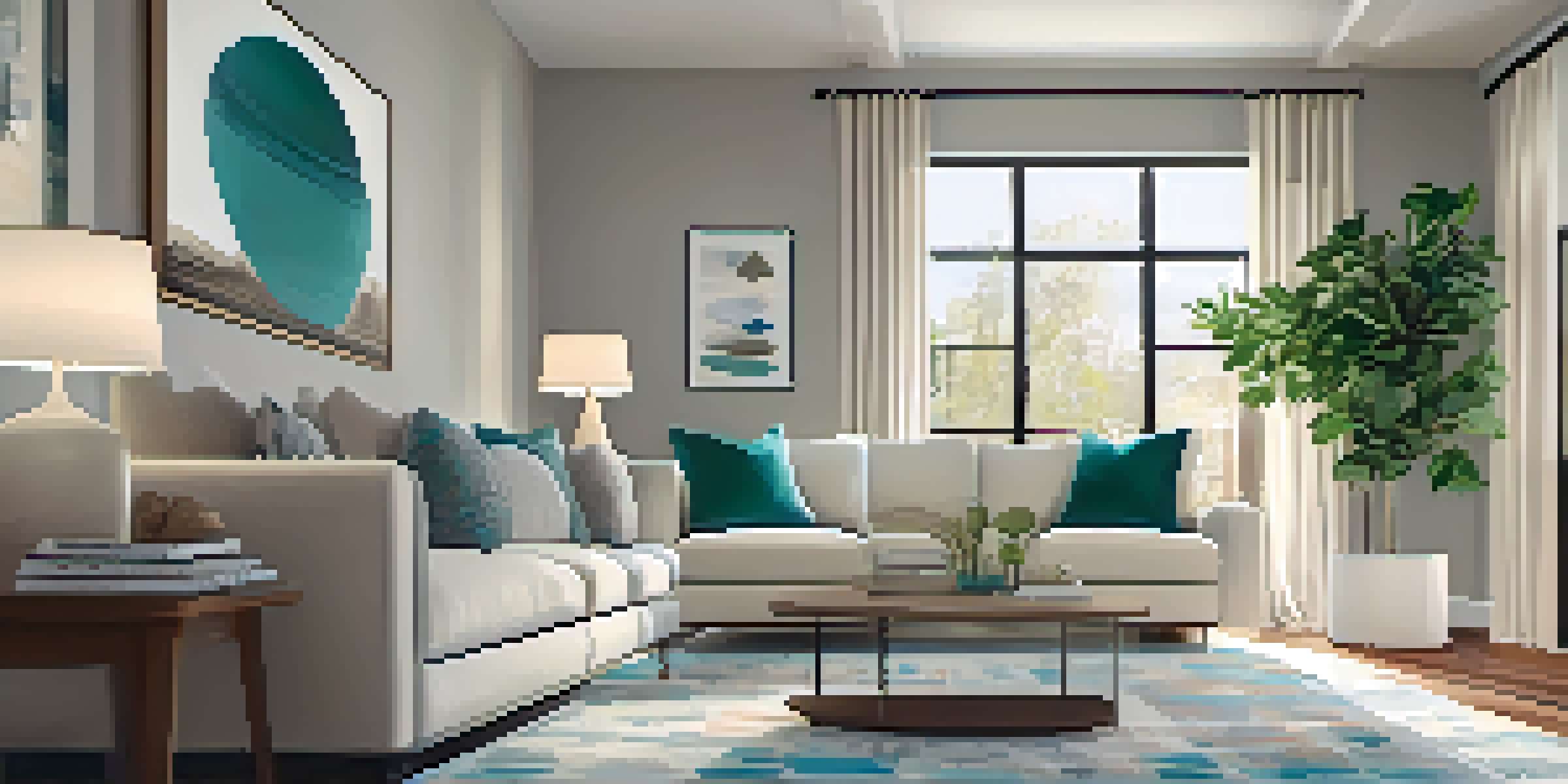 A cozy living room with a sofa, coffee table, and large windows, filled with natural light and decorated in warm colors.