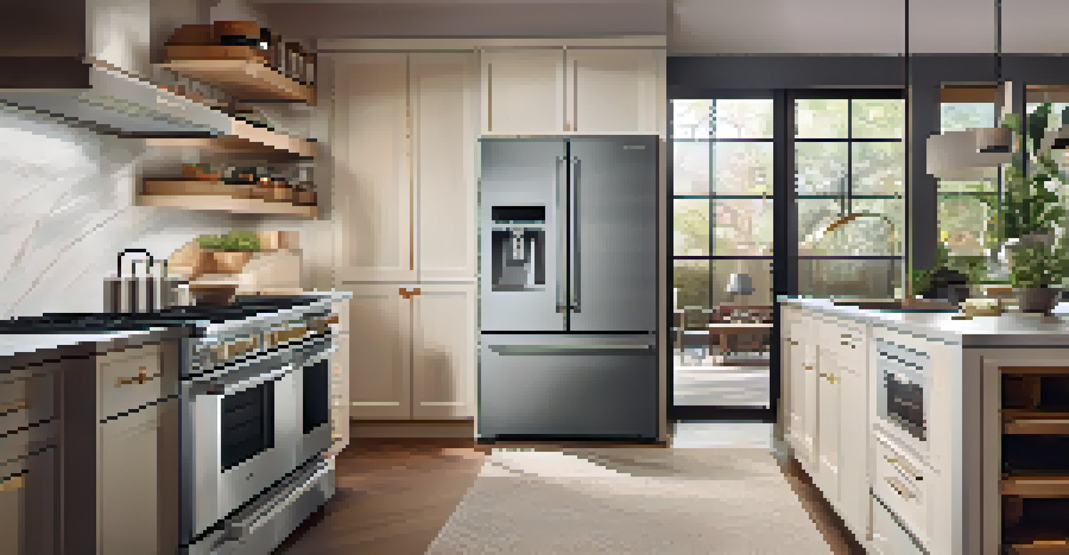 A modern kitchen featuring a smart refrigerator showing recipes and an automatically preheating oven, illuminated by soft ambient lighting.