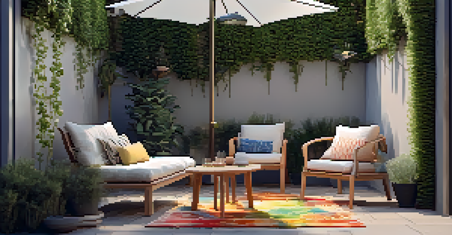 A small patio divided into a reading nook and dining area, featuring a plush chair, a round table, string lights, and various plants.