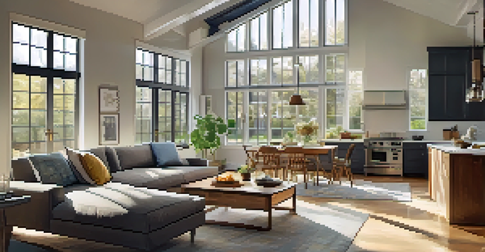 An open concept kitchen and living room bathed in natural light, showcasing modern furniture and a warm, inviting atmosphere.