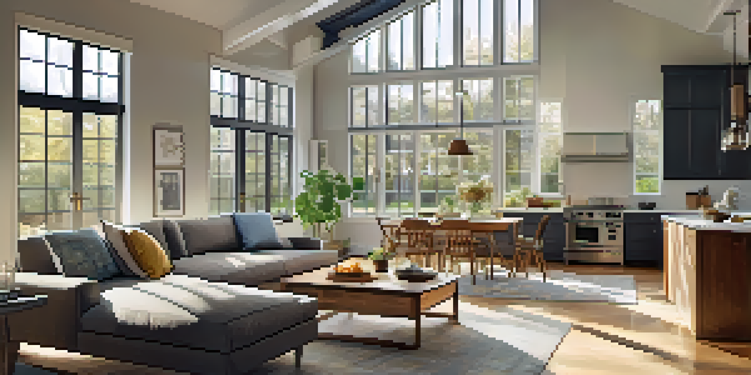 An open concept kitchen and living room bathed in natural light, showcasing modern furniture and a warm, inviting atmosphere.