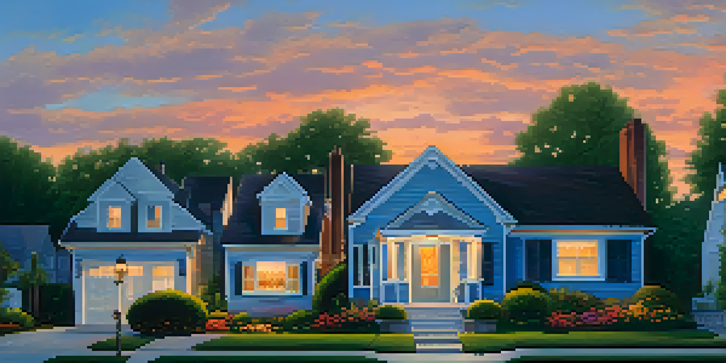 A peaceful suburban neighborhood with houses, streetlamps, and blooming flowers at dusk.