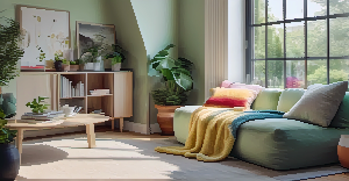 A cozy reading nook with a bean bag chair, side table, colorful cushions, and plants by a window in a small living area.