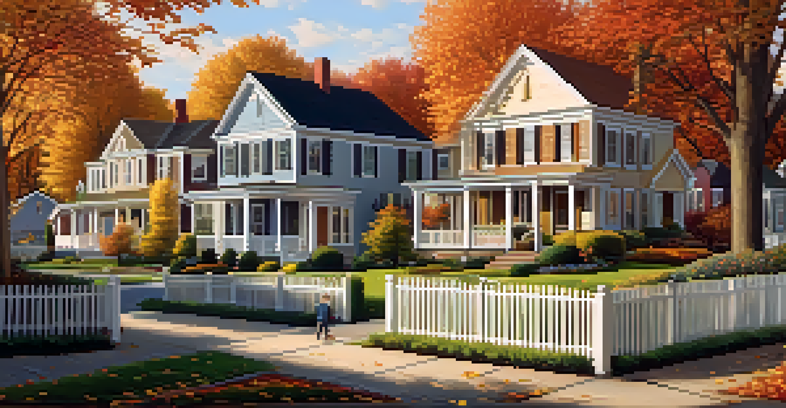 A peaceful suburban neighborhood with single-family homes and colorful autumn trees during sunset.