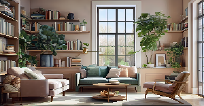 A well-organized living room with floating shelves displaying plants and books, illuminated by natural light from a window.