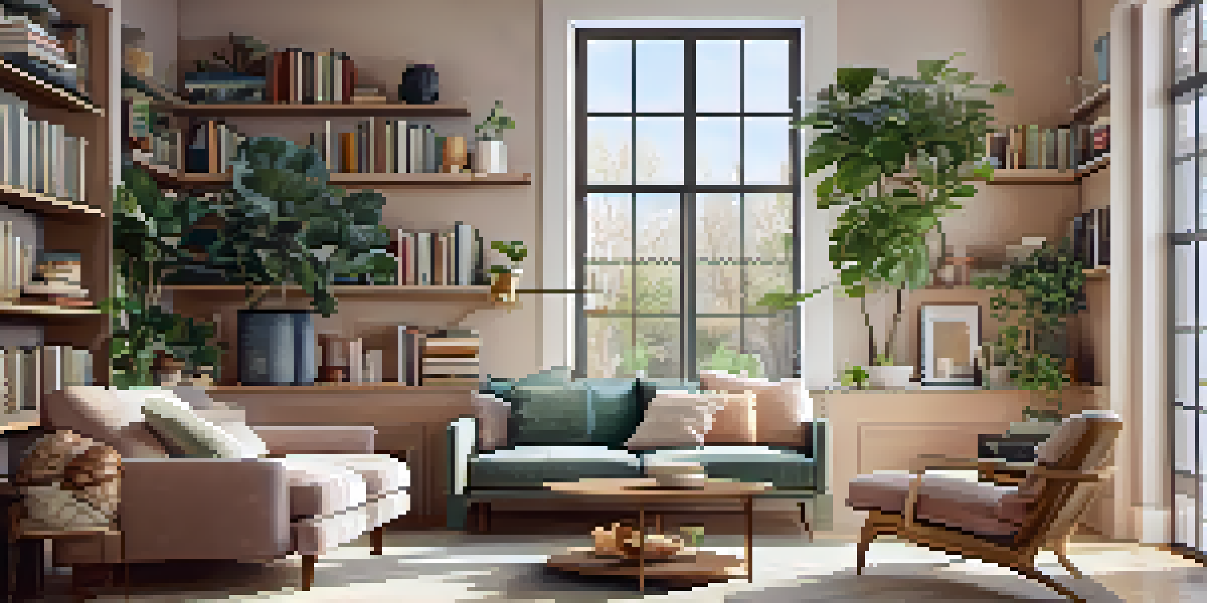 A well-organized living room with floating shelves displaying plants and books, illuminated by natural light from a window.