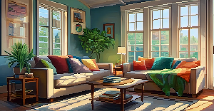 A bright and cozy living room with a comfortable sofa, colorful cushions, and a potted plant, illuminated by natural sunlight.