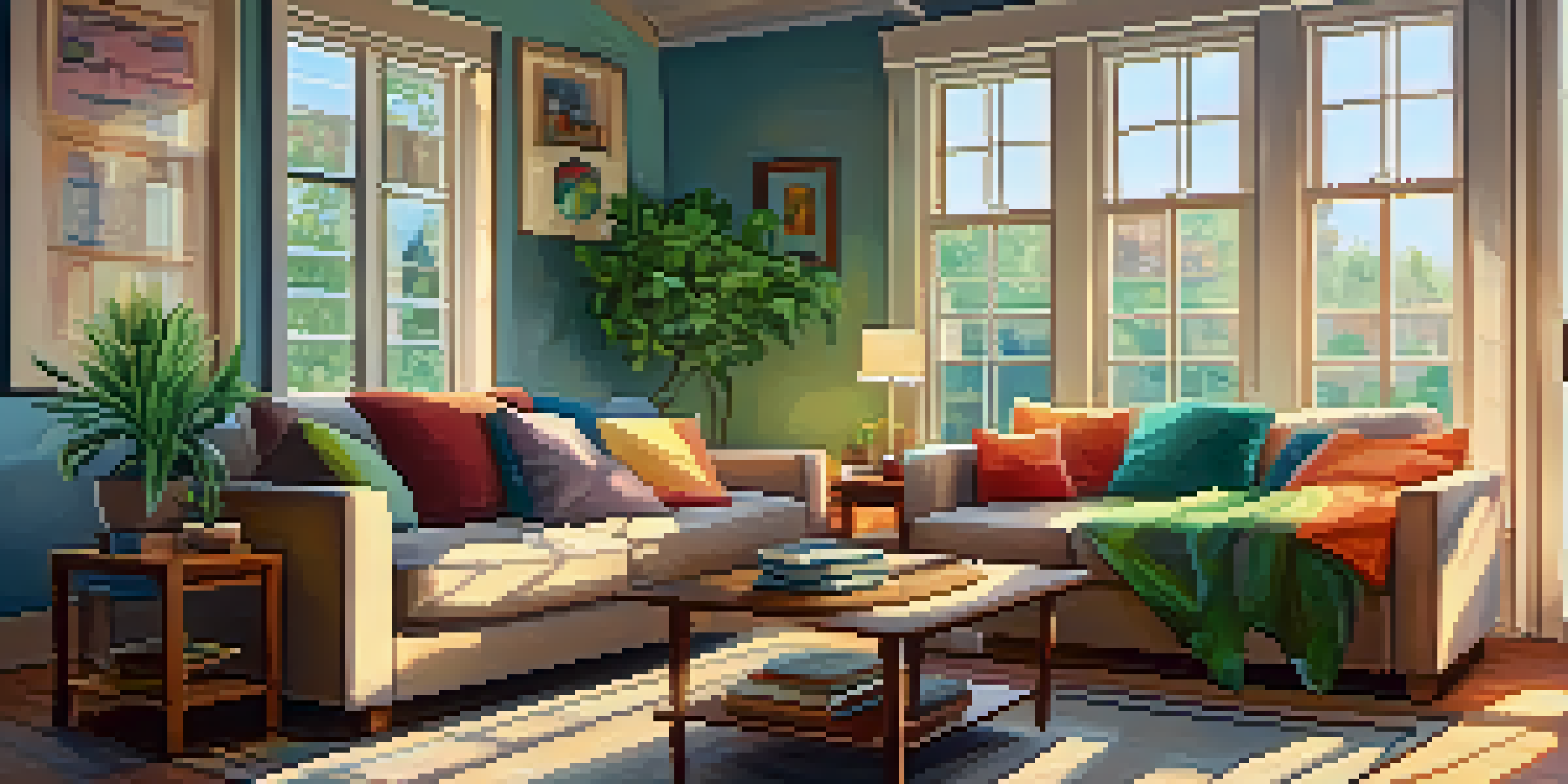 A bright and cozy living room with a comfortable sofa, colorful cushions, and a potted plant, illuminated by natural sunlight.
