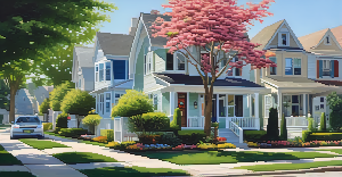A peaceful residential neighborhood featuring single-family homes with green lawns and flower gardens, illuminated by warm sunlight.
