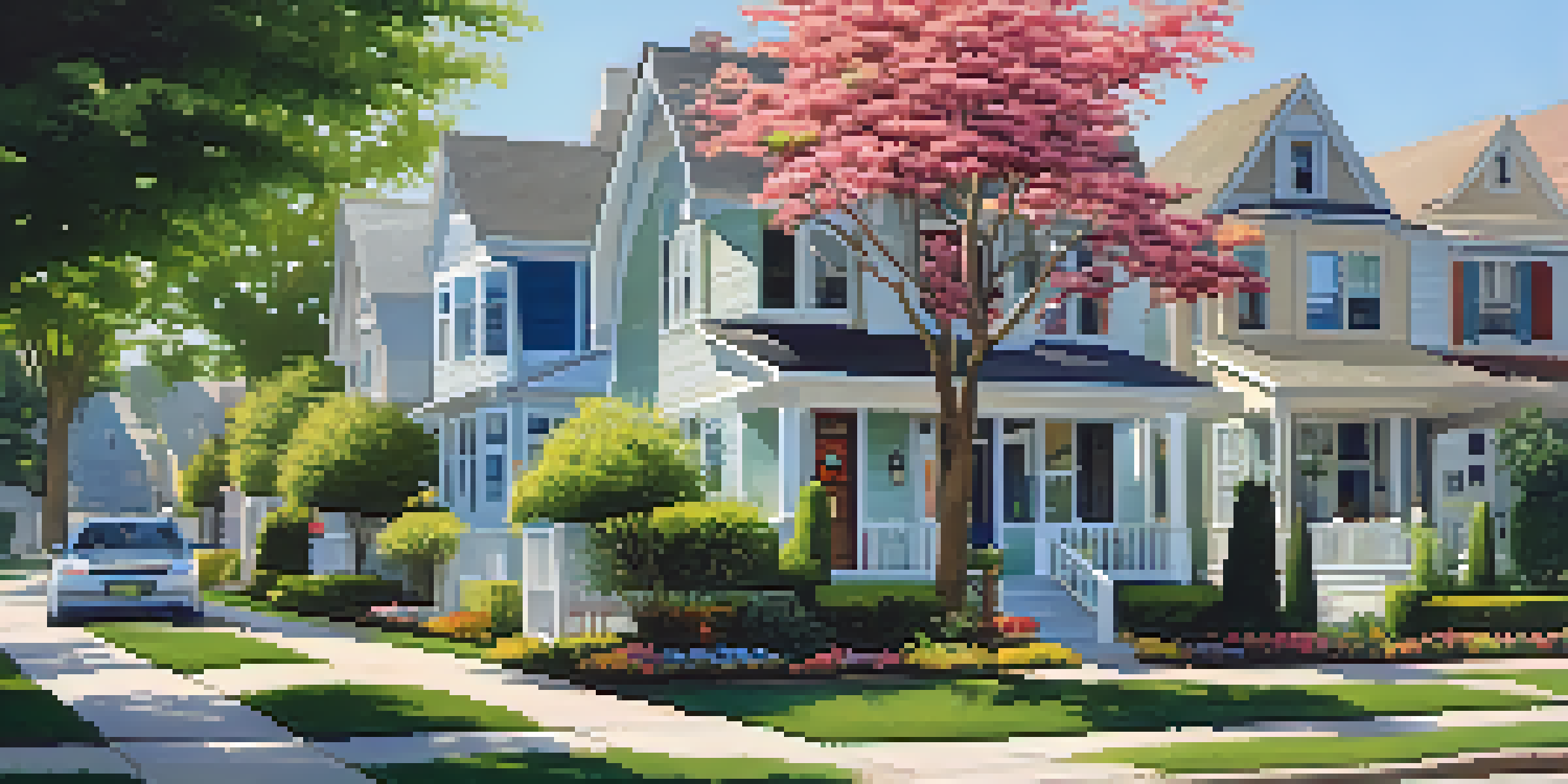 A peaceful residential neighborhood featuring single-family homes with green lawns and flower gardens, illuminated by warm sunlight.