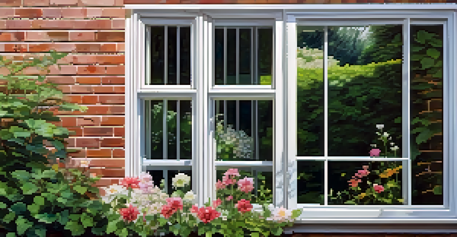 A close-up of an energy-efficient window showcasing its double-glazing feature with a view of a serene backyard.