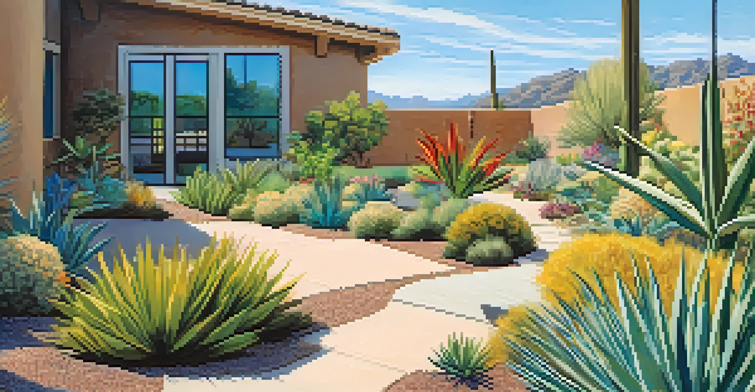An outdoor space landscaped with drought-resistant native plants in a colorful xeriscape design under a clear blue sky.