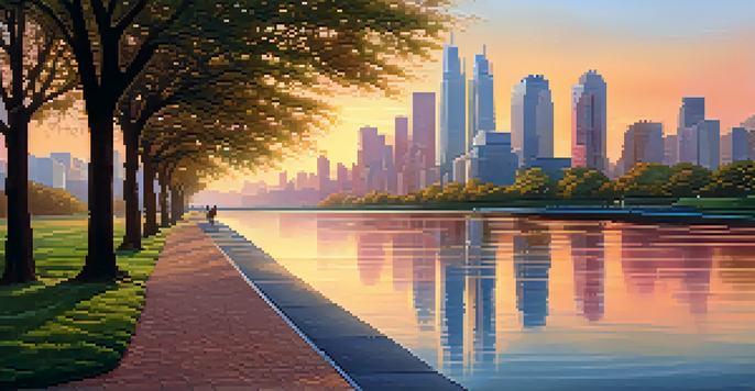 A modern city skyline at sunrise with skyscrapers and a river in the foreground, featuring green parks and joggers.