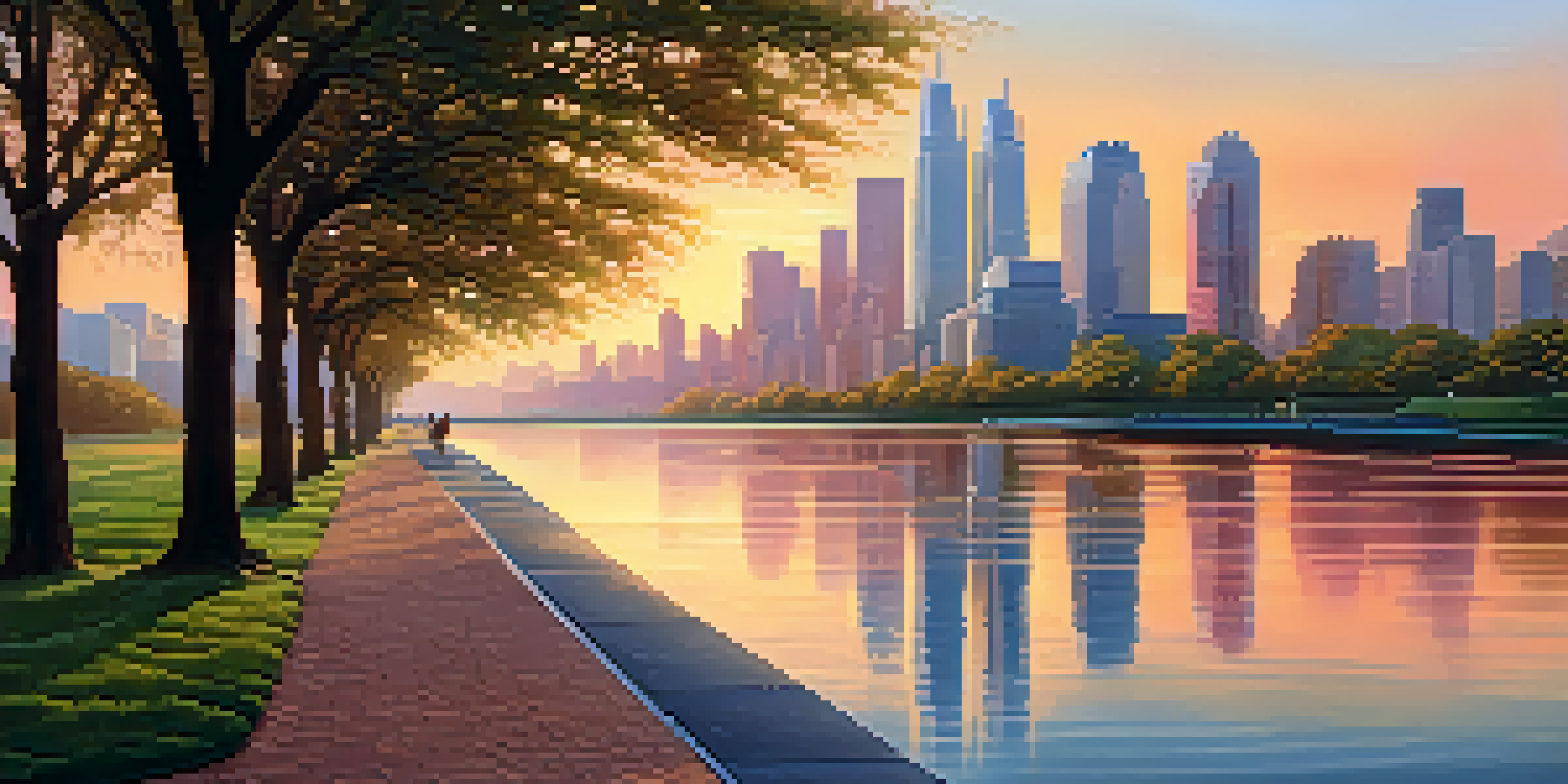 A modern city skyline at sunrise with skyscrapers and a river in the foreground, featuring green parks and joggers.