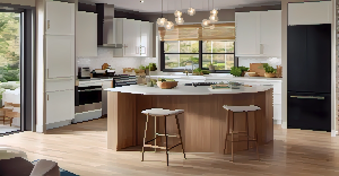 A modern kitchen with sleek cabinets, quartz countertops, energy-efficient appliances, and warm pendant lighting in an open-concept layout.