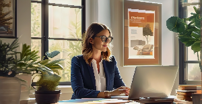 A real estate agent in a contemporary home office, using a laptop surrounded by property brochures and natural light.