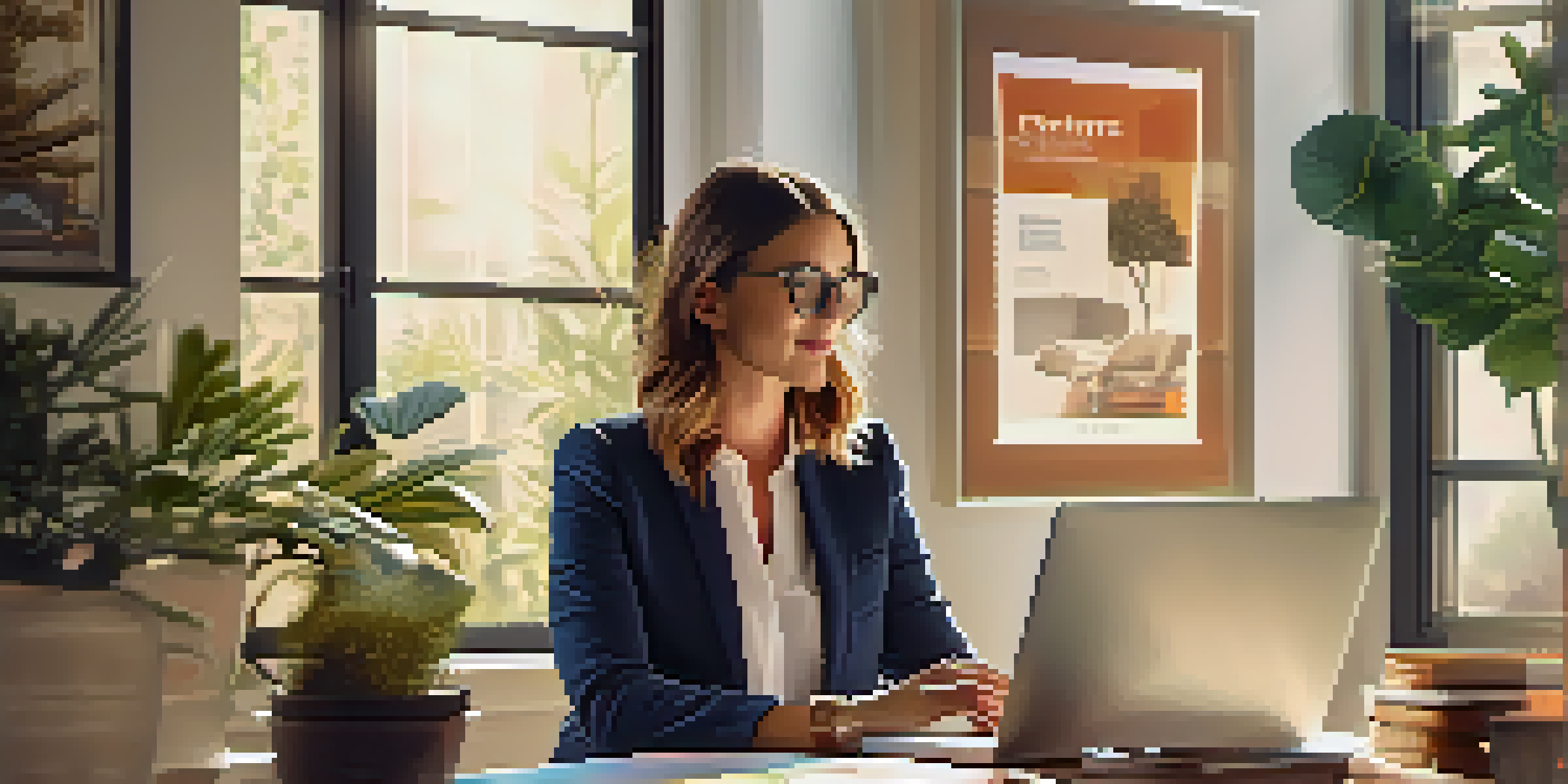A real estate agent in a contemporary home office, using a laptop surrounded by property brochures and natural light.